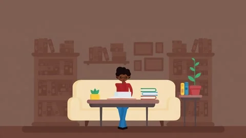 Animated Schoolboy Sitting On Sofa Working On Laptop At Library Stock Footage 305159372