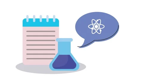 Animated science icon set with notebook chemical beaker and atom symbol rep.. Stock Footage 339112017