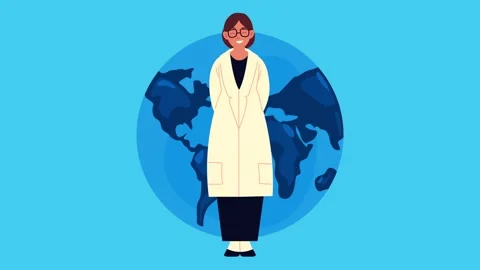 Animated scientist in lab coat stands in front of spinning globe illustrati.. Stock Footage 333546156