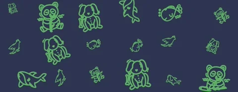 Animated seamless doodle animal pattern with cute cartoon fish, dogs, birds.. Video stock 323531466