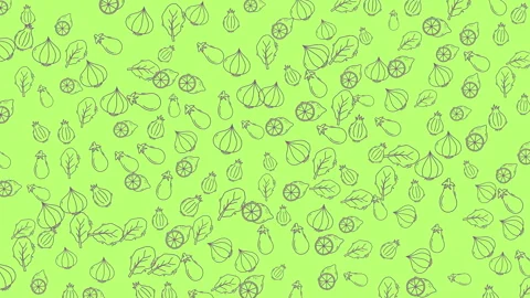 Animated seamless doodle pattern of fresh vegetables and fruit falling on g.. Stock Footage 335947313