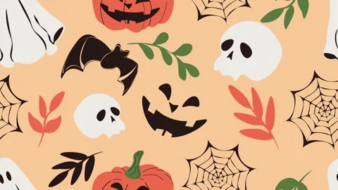 Animated seamless Halloween pattern with pumpkins, ghosts, and bats scrolling Stock Footage 347587651