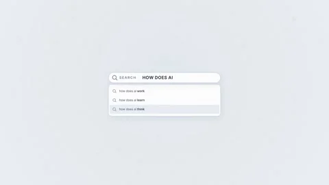 Animated search bar with autocomplete dropdown suggesting how does AI work Stock-Footage 347256991