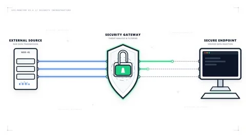Animated Secure Data Transfer Between Computer and Server with Shield Icons Vídeos de archivo 339382331