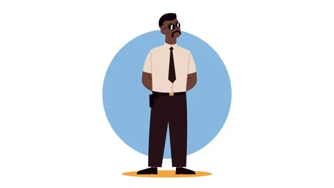 Animated security guard stands alert in front of a blue circle background. Stock Footage 334158653