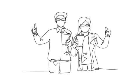 Animated self drawing of continuous line draw young happy couple giving thu.. Video stock 250904114