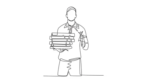 Animated self drawing of continuous line draw happy pizza delivery man give.. Video stock 250904159