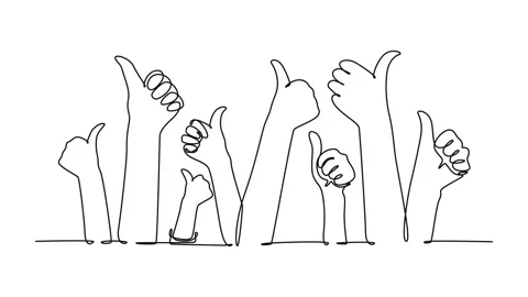 Animated self drawing of continuous line draw group people arm hands raisin.. Video stock 250904175