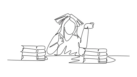 Animated self drawing of continuous line draw young bored female student re.. Vídeos de archivo 252139496