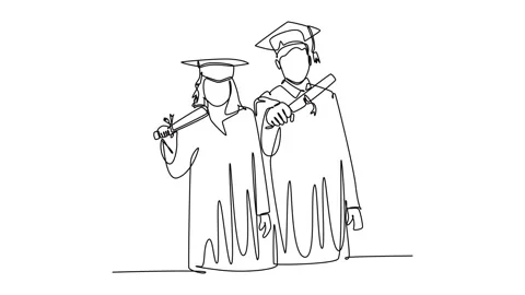 Animated self drawing of continuous line draw young happy couple college st.. Vídeos de archivo 254322177