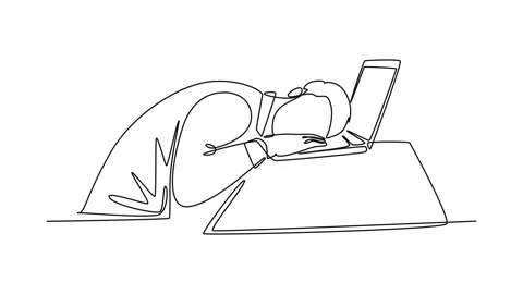 Animated self drawing of continuous line draw of young sleepy male worker f.. Stock Footage 256082164