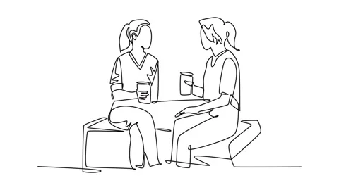 Animated self drawing of continuous line draw two young cute female worker .. Video stock 257417865