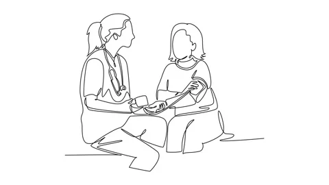 Animated self drawing of continuous line draw of female doctor checking pat.. Stock Footage 287333103