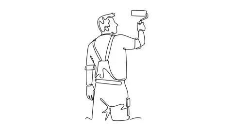 Animated self drawing of continuous line draw back view of handyman paintin.. Stock Footage 303195800