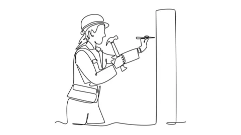 Animated self drawing continuous line draw beautiful carpenter woman wearin.. Vidéo 303692402