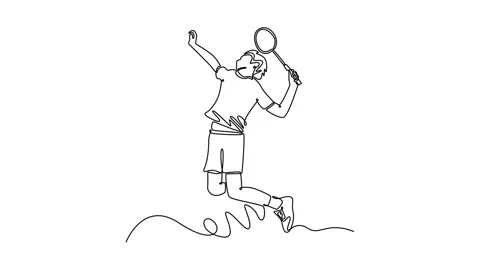 Animated self drawing of continuous line draw badminton player jumping and .. Stock Footage 306848939