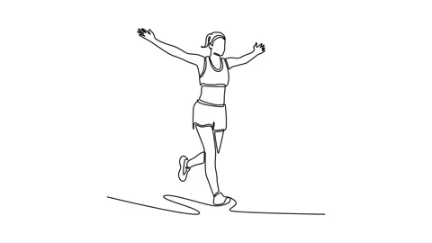 Animated self drawing of continuous line active woman runner winner at fini.. Stock Footage 308652699