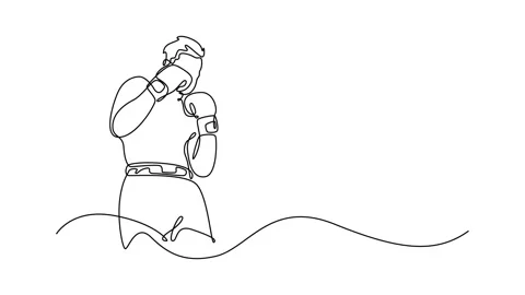 Animated self drawing of continuous line draw strong male boxer practicing .. Stock Footage 310074054