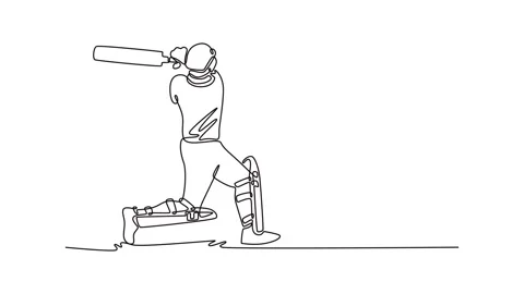 Animated self drawing of continuous line draw a cricketer practice batting .. Video stock 314422679