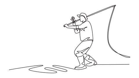 Animated self drawing of continuous line draw active fisherman casting his .. Stock Footage 315612990