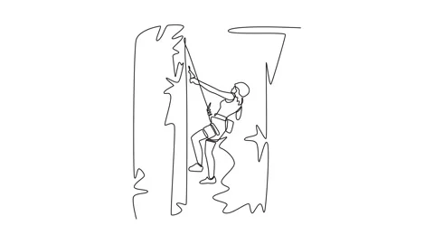 Animated self drawing of continuous line draw female climbing cliff in chal.. Stock Footage 317375615