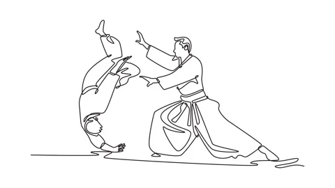 Animated self drawing of continuous line draw a dynamic Aikido throw, with .. Stock Footage 318050049