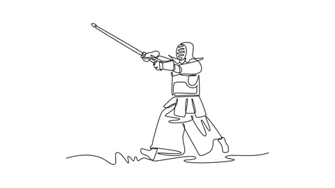 Animated self drawing of continuous line draw man Kendo athlete poised in f.. Stock Footage 322051144