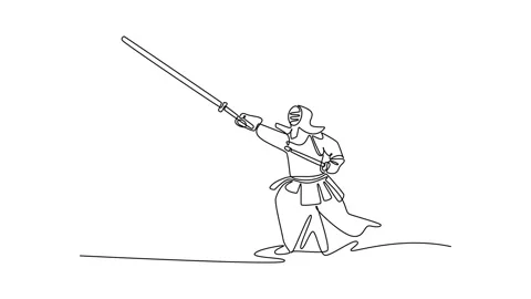 Animated self drawing of continuous line draw man Kendo athlete poised in f.. Stock Footage 322051307