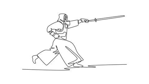 Animated self drawing of continuous line draw man Kendo athlete poised in f.. Stock Footage 322051394
