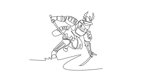 Animated self drawing of continuous line draw powerful samurai warrior in f.. Stock Footage 323380049