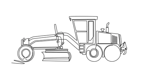 Animated self drawing of continuous line draw side view of heavy motor grad.. Video stock 340154863