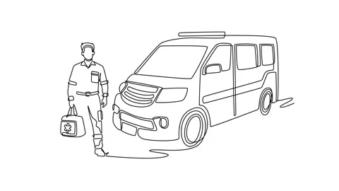 Animated self drawing of continuous line draw male paramedic carrying first.. Video stock 341006924