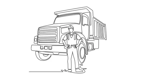 Animated self drawing continuous line draw young male dump truck driver wea.. Stockbeeldmateriaal 341006968