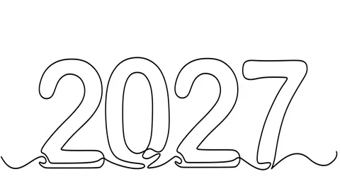 Animated self drawing of continuous line draw of 2027 New Year Stock Footage 346300134