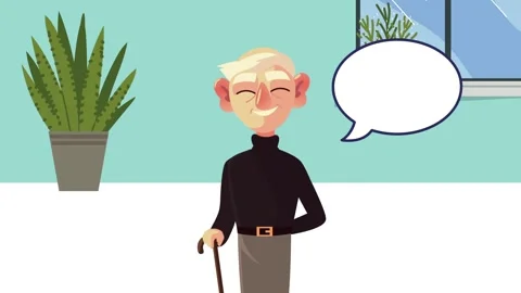 Animated senior man with cane and speech bubble talking in home interior se.. Stock Footage 339073865