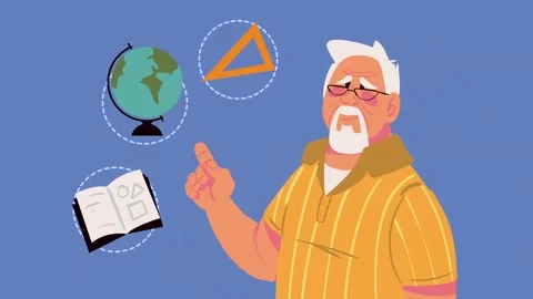 Animated senior teacher pointing at educational icons globe triangle and bo.. 스톡 동영상 339071197