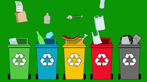 Animated sequence of garbage falling into colored recycling bins Stock Footage 339828843