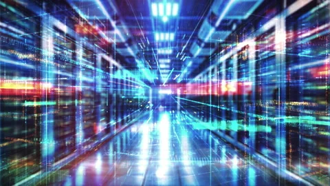 Animated server room with digital data stream Stock Footage 286174154