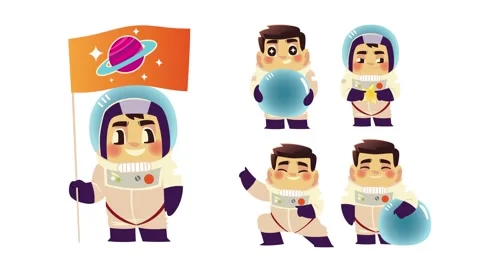 Animated set of cartoon astronaut characters holding flag and exploring spa.. Stock Footage 338318987