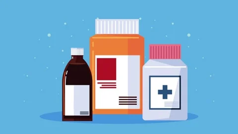 Animated set of three different medicine bottles isolated on blue backgroun.. Stock-Footage 339072849