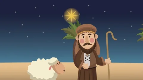 Animated shepherd with sheep under starry night sky and bright shining star.. 库存影片 339202511