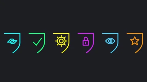 Animated Shield Badge Process Icon with Checkmark, Eye, Lock and Star Symbols Stock Footage 339386099