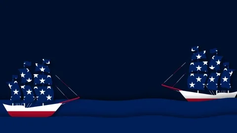 Animated ships with American flag sails crossing the ocean for Columbus Day.. Stock Footage 344727265