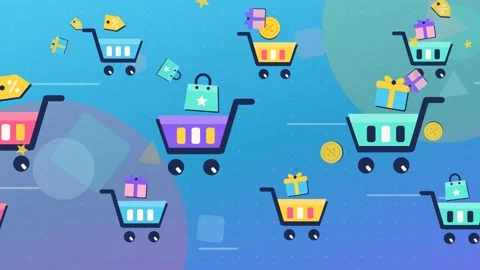 Animated Shopping Carts and E-commerce Symbols Floating on Blue Background 库存影片 347895810