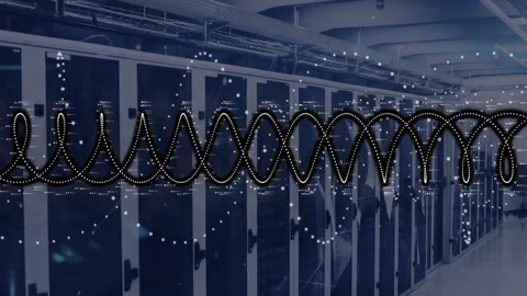 Animated sine wave emerging at corridor edge travelling over server racks Vídeo Stock 309894229