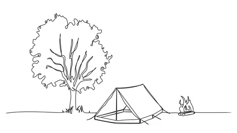 Animated single line camping concept with tent and campfire Stock Footage 243382043