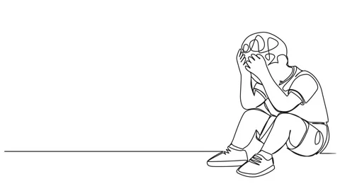 Animated single line drawing of sad or frustrated toddler boy sitting on floor Stock Footage 254078775