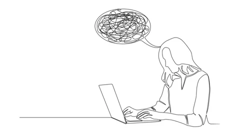 Animated single line drawing of stressed or confued woman using laptop computer Stock Footage 250972812