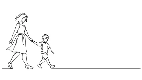 Animated single line drawing of young boy walking by the hand of his mother Stock Footage 261063416