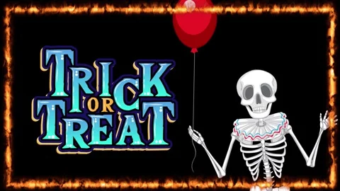 Animated Skeleton Clown with Red Balloon and Trick or Treat Text Stock Footage 340194973